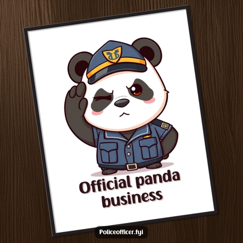 Funny digital art print of a determined panda in a police uniform saluting with a wink. Instant wall decor.