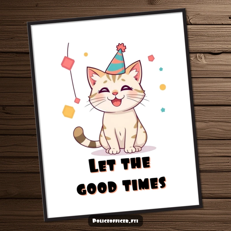 Funny party cat digital art print of a cat in a hat batting at shapes, capturing festive fun and playful energy.