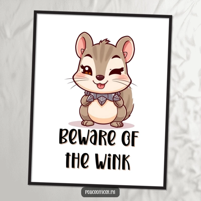 Funny digital art print of a mischievous squirrel with a tiny spiked collar and a cheeky wink, offering quirky wall decor.