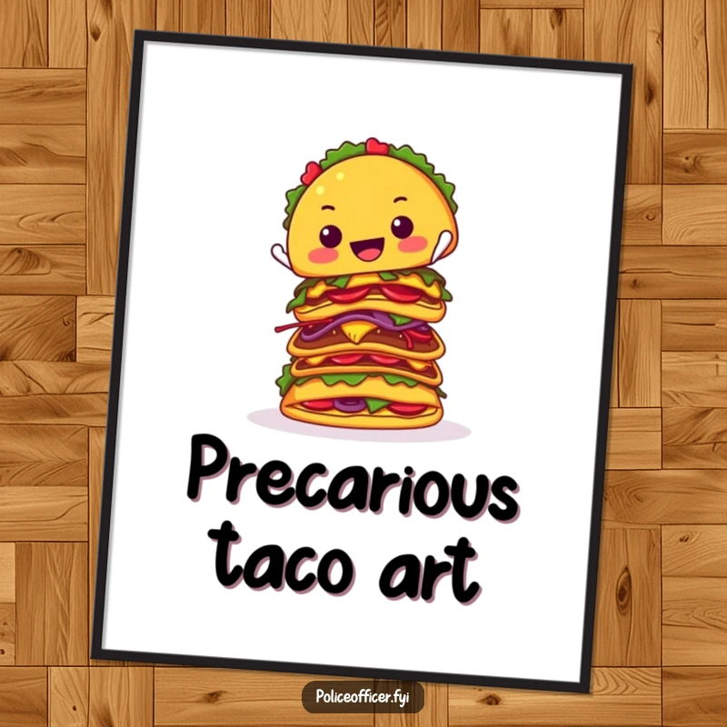 Funny digital art print of a cheerful taco balancing a large stack of tacos, a humorous and vibrant piece for wall decoration.