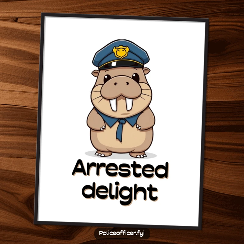 Funny digital art print of a wobbly walrus police officer tipping his hat, radiating warmth and humorous cheer.