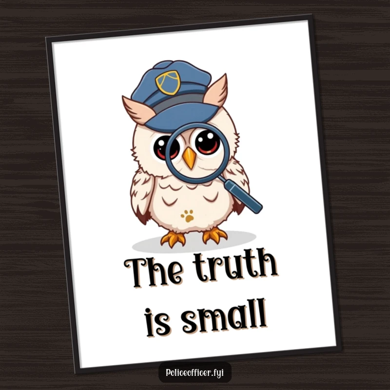 Funny Digital Art Print of a wise owl in a police cap, peering through a magnifying glass at a tiny footprint, solving the case.