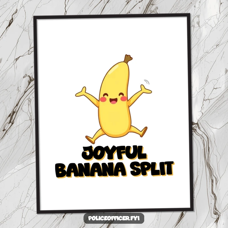 Funny digital art print of a happy banana with legs doing a joyful split, a vibrant and humorous piece for wall decoration.