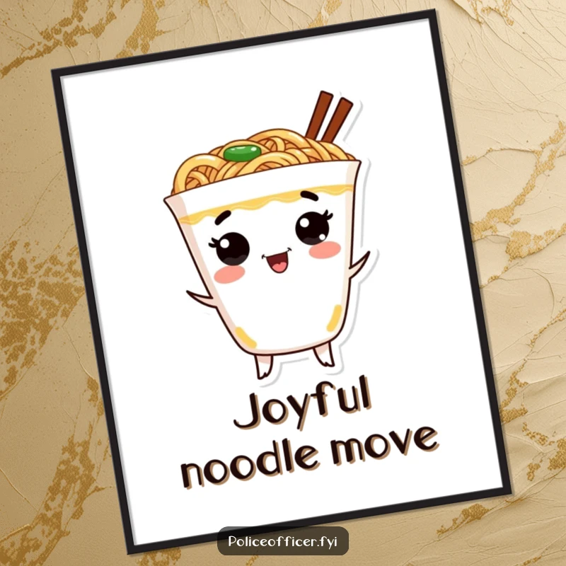 Funny ramen digital art print of a cheerful ramen cup dancing with pure excitement, perfect for vibrant, humorous decor.