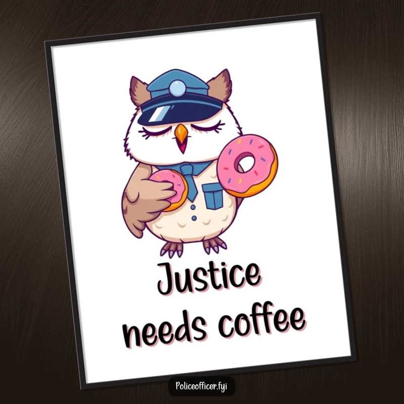 Funny sleepy owl police officer digital art print, yawning with a donut, downloadable humorous artwork.