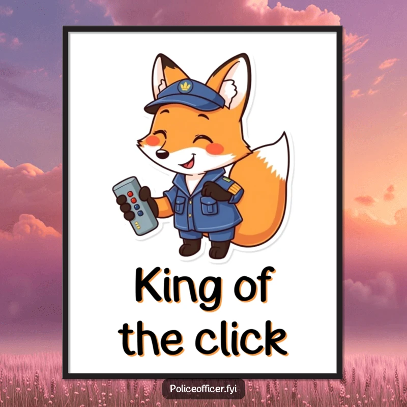 Funny Fox Digital Art: Smiling uniformed fox holding a remote, a high-resolution humorous illustration for instant wall decor.