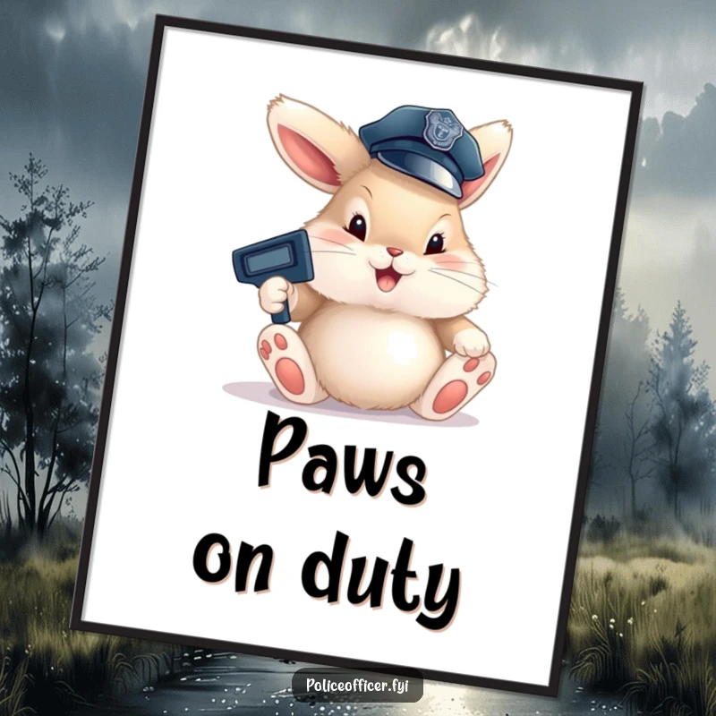 Funny Bunny Cop Digital Art Print of a fluffy bunny in a police hat happily directing traffic with large paws, creating a joyful aesthetic.