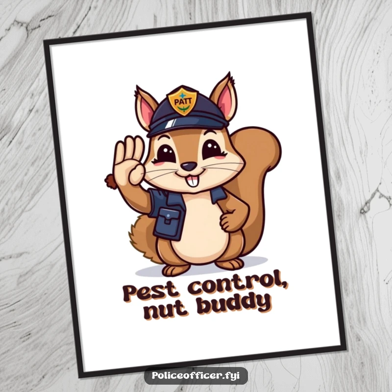 Funny Digital Art: Happy squirrel police officer saluting with an acorn, a humorous and charming wall decoration.