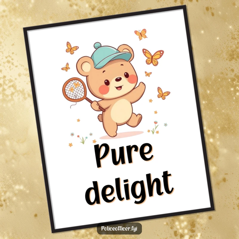 Funny Bear Cub Digital Art Print of a cheerful cub in a jaunty cap, happily chasing butterflies with a net, creating a joyful aesthetic.