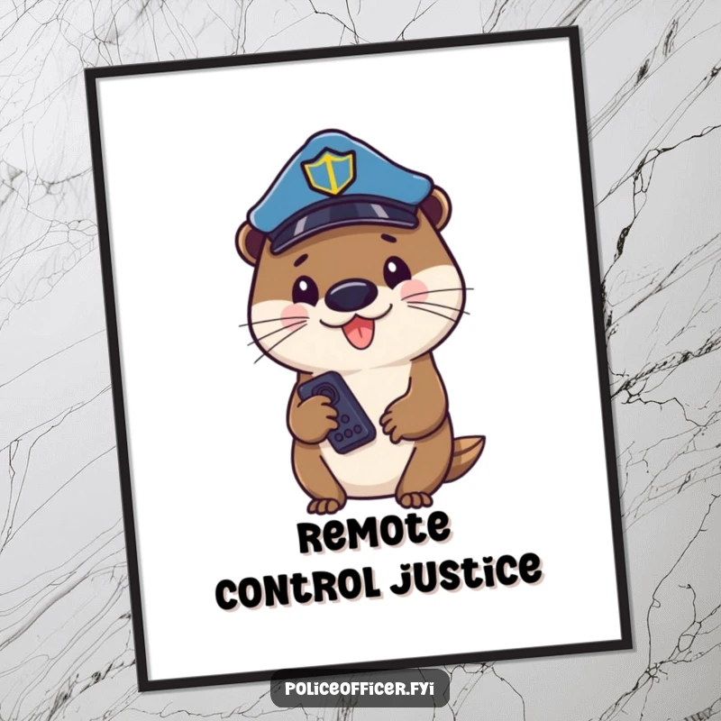 Funny otter police officer in a hat, holding a remote, looking cheerful, available as a downloadable digital art print.