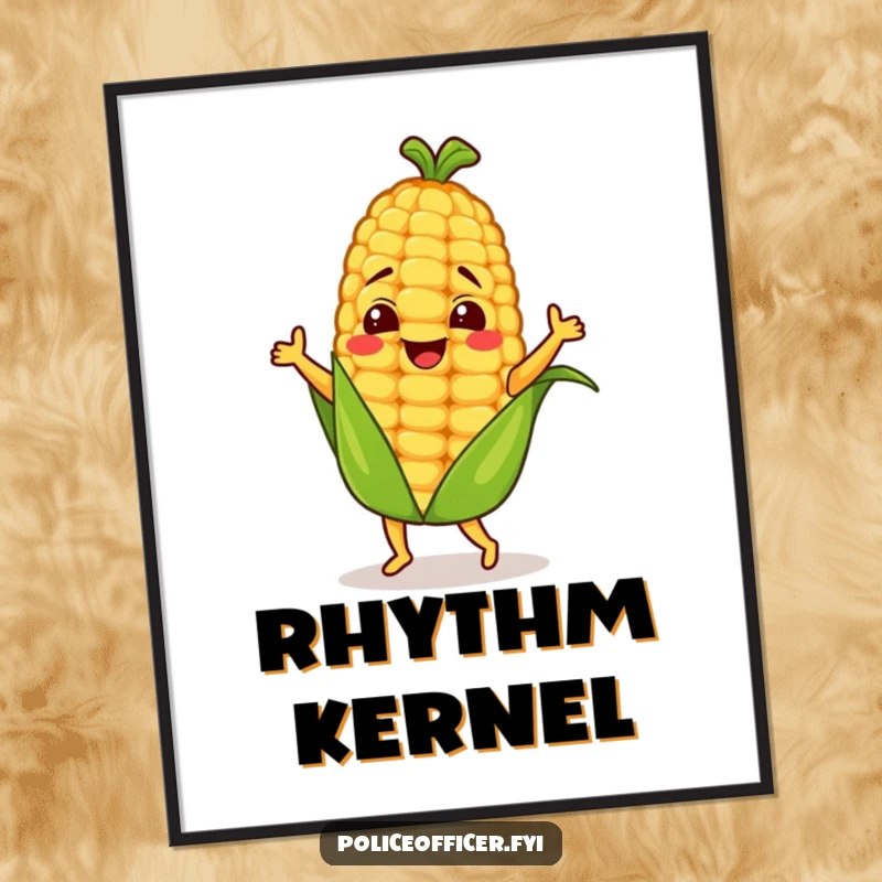 Funny corn cob character performing a cheerful dance, available as a downloadable digital art print.