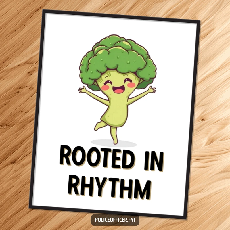 Funny Digital Art Print: A smiling broccoli head performing a joyful pirouette, hilariously conveying energetic movement and healthy vibes digitally.