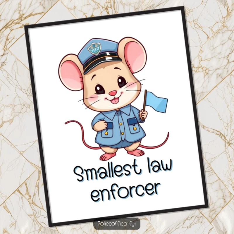 Funny smiling mouse police officer digital art print, holding a small flag, inspiring and humorous.