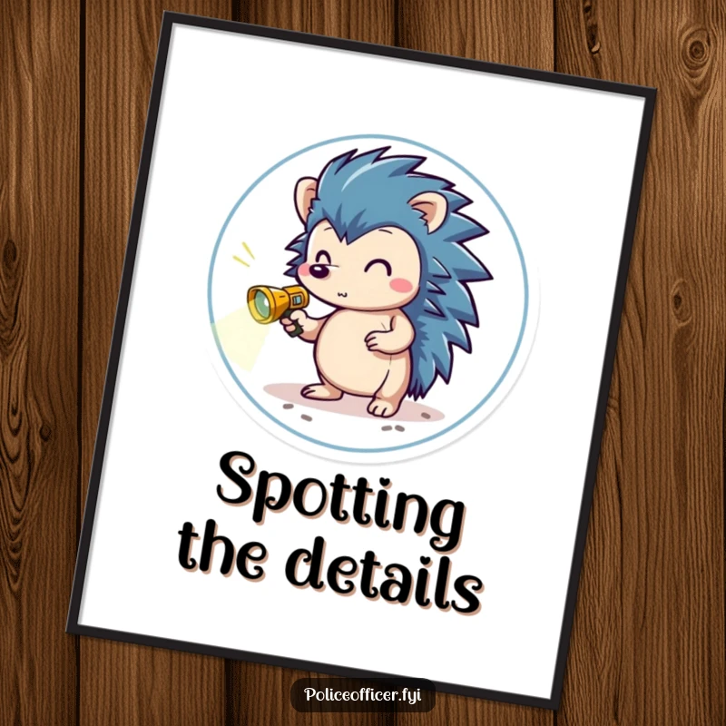 Funny Digital Art Print of a brave hedgehog in a small badge, holding a miniature flashlight, scanning the ground with adventurous curiosity.