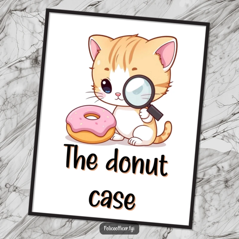 Funny Kitten Detective Digital Art Print of a curious kitten with a magnifying glass, intensely examining a smiling donut, creating a playful aesthetic.
