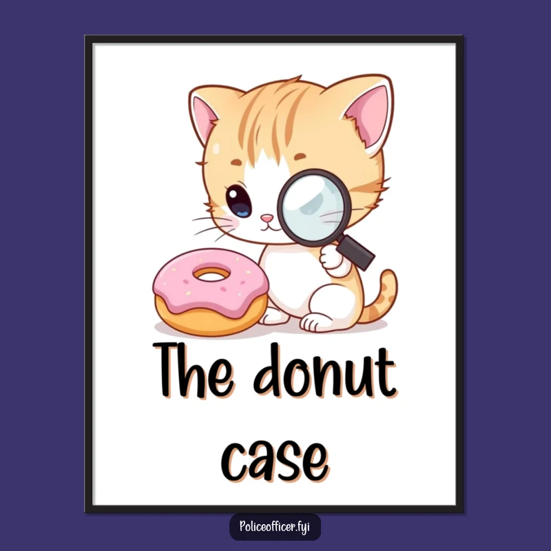 Funny Kitten Detective Digital Art: Curious Cat Investigating Donut Print for Whimsical Decor