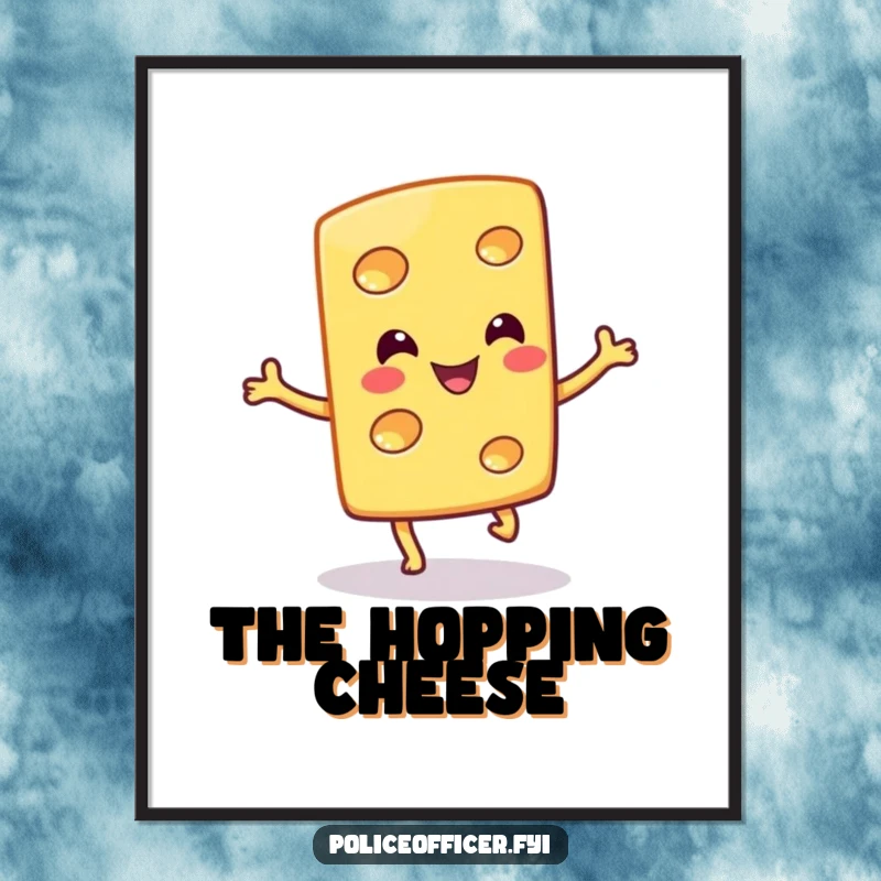 Funny digital art print of a smiling cheese slice doing a silly hop, a charming and humorous piece for wall decoration.