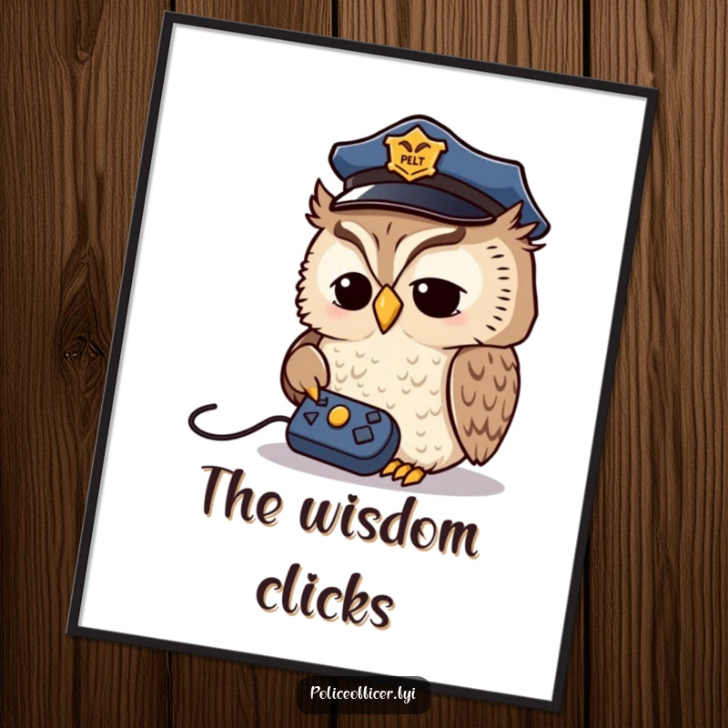 Funny Owl Detective Digital Art: Wise owl in a police cap looking at a remote control, a high-resolution humorous illustration for instant wall decor.