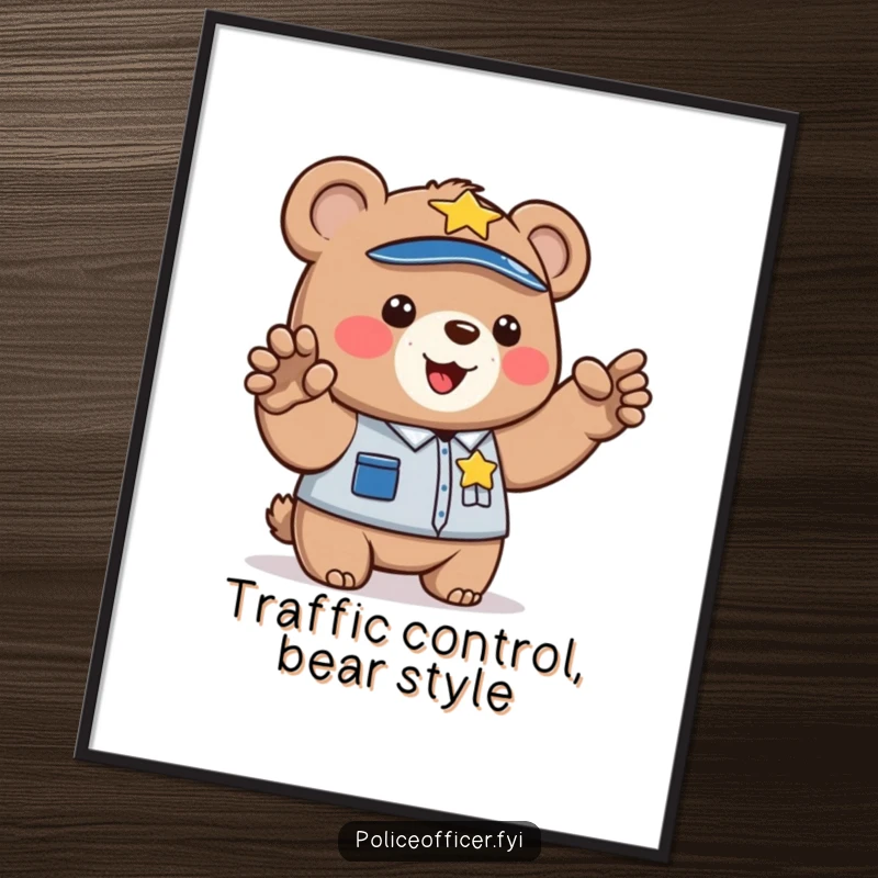 Funny digital art print of a bear cub police officer directing traffic with its paw. High-resolution humorous illustration.