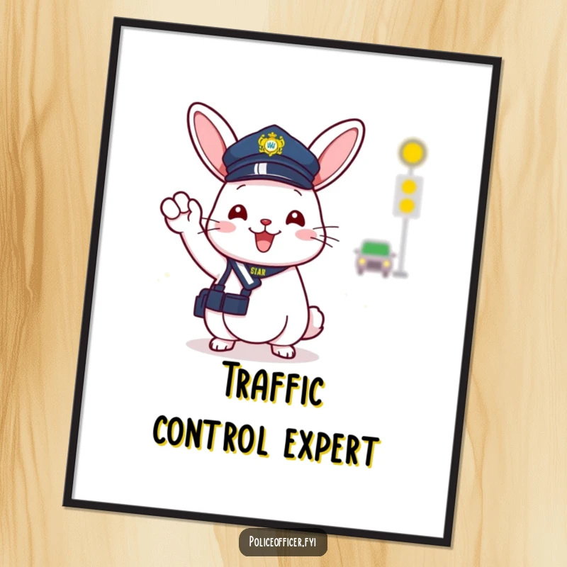 Funny digital art print of a cheerful bunny police officer in a tiny hat, happily directing traffic with a bright wave.