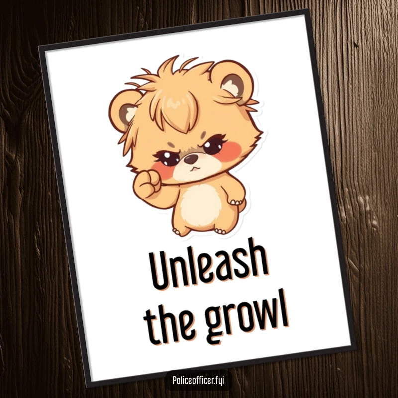 Funny digital art print of a determined bear cub with messy hair shaking a tiny fist, offering humorous wall decor.
