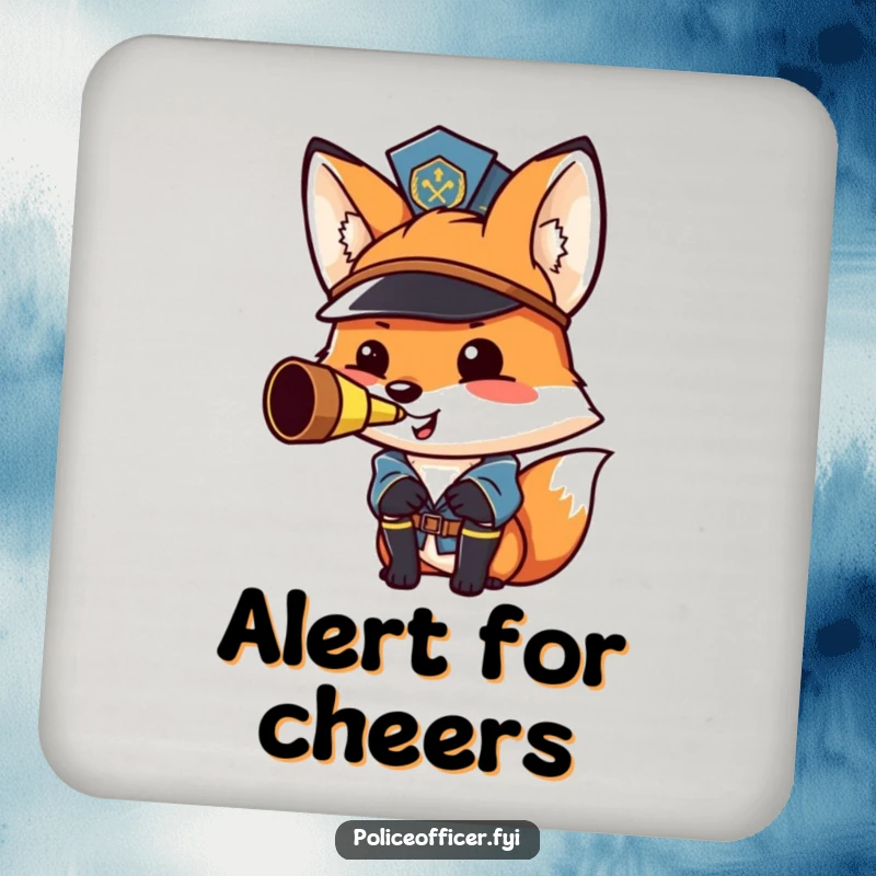 Funny fox police officer coaster: a proud, smiling fox blows a whistle, protecting your surfaces.