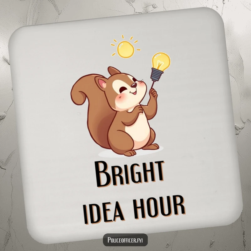 Funny squirrel coaster showing a cheerful squirrel with a lightbulb, symbolizing bright ideas, great for protecting surfaces.