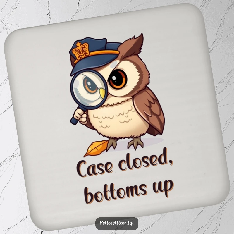 Funny Coaster: Owl police officer with a magnifying glass, observing a leaf, a humorous and practical accessory.