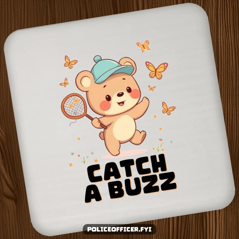 Funny Bear Cub Drink Coasters featuring cheerful cubs in jaunty caps, happily chasing butterflies with nets, offering humorous protection.