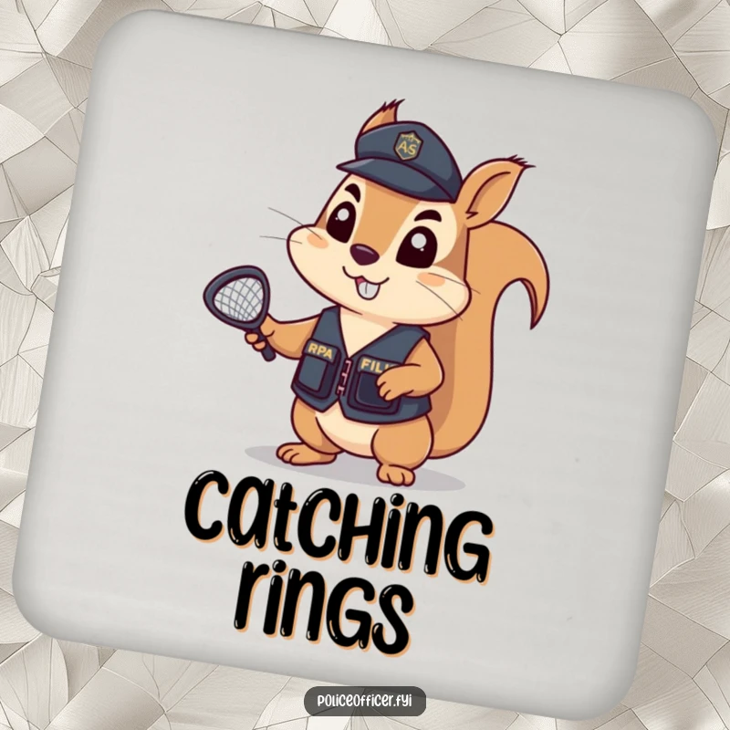 Funny Coaster featuring a determined squirrel in a tiny police vest, holding a tiny net aloft, ready to catch any condensation rings.