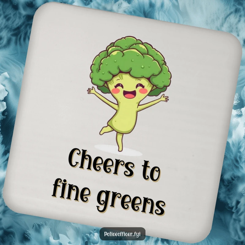 Funny Coaster: A smiling broccoli head performing a joyful pirouette, hilariously protecting surfaces with a touch of veggie flair and cheer.
