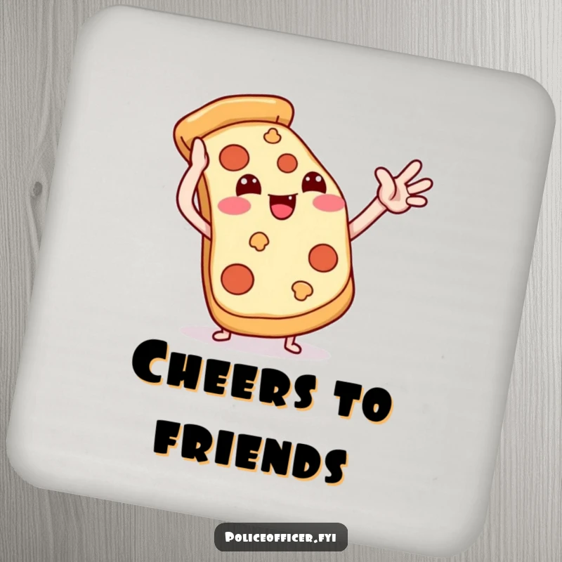 Funny pizza coasters depicting a smiling pizza slice giving a playful high-five, adding humor to drink service.