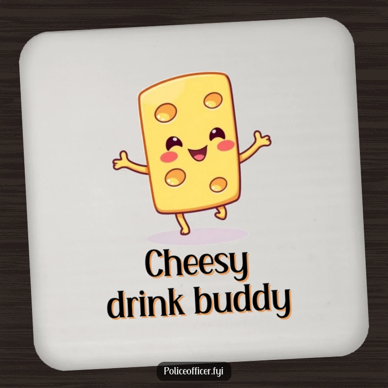 Funny drink coaster illustrated with a smiling cheese slice doing a silly hop, adding a cheesy touch to beverage service.