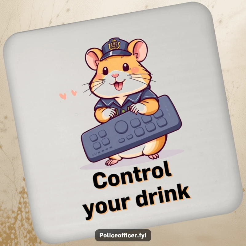 Funny Coaster: Cheerful hamster in police outfit using a giant remote, a cute funny gift.