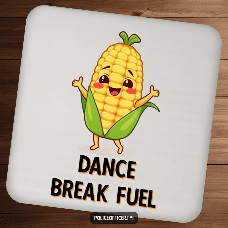 Funny corn cob character dancing on a protective drink coaster, adding a touch of whimsy.
