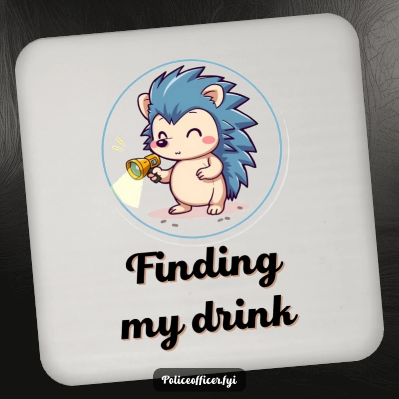 Funny Coaster featuring a brave hedgehog in a small badge, holding a miniature flashlight, scanning the ground for spills and messes.