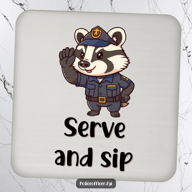 Funny Drink Coaster featuring a determined badger police officer saluting, adding law enforcement humor to tabletops.