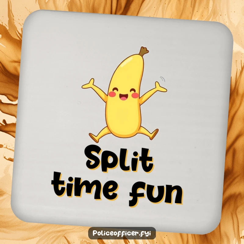 Funny drink coaster illustrated with a happy banana with legs doing a joyful split, adding a sweet touch to beverage service.