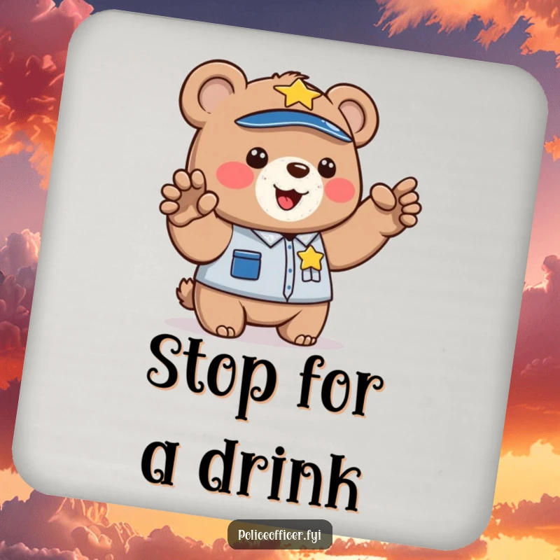 Funny drink coaster featuring a bear cub police officer directing traffic. Humorous and protective table accessory.