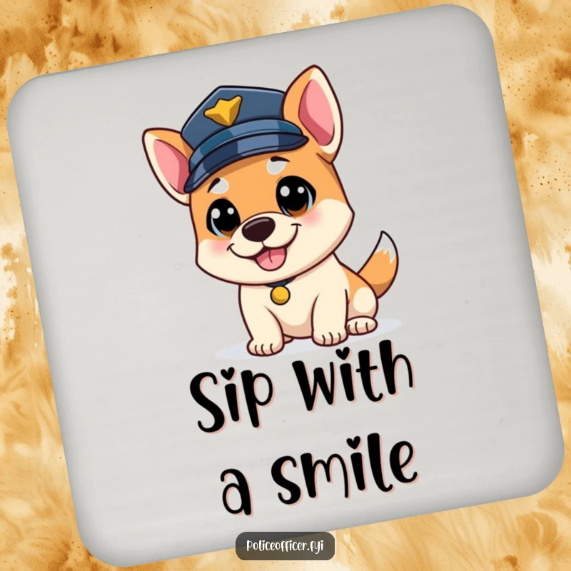 Funny bouncy dog police officer coaster, tail wagging, wearing a police cap, protecting surfaces with humor.