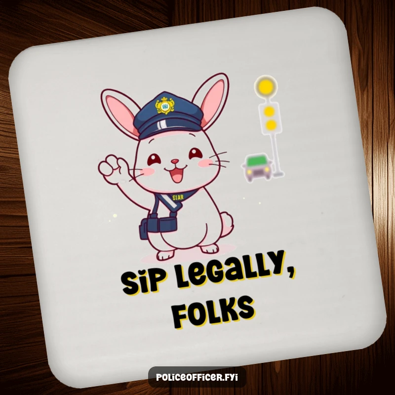 Funny drink coaster featuring a cheerful bunny police officer in a small hat, happily directing traffic with a friendly wave.