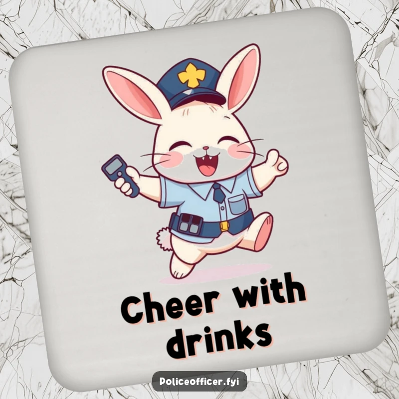 Funny Coaster: Mischievous bunny in police uniform jumps with joy holding remote, a cute funny gift.