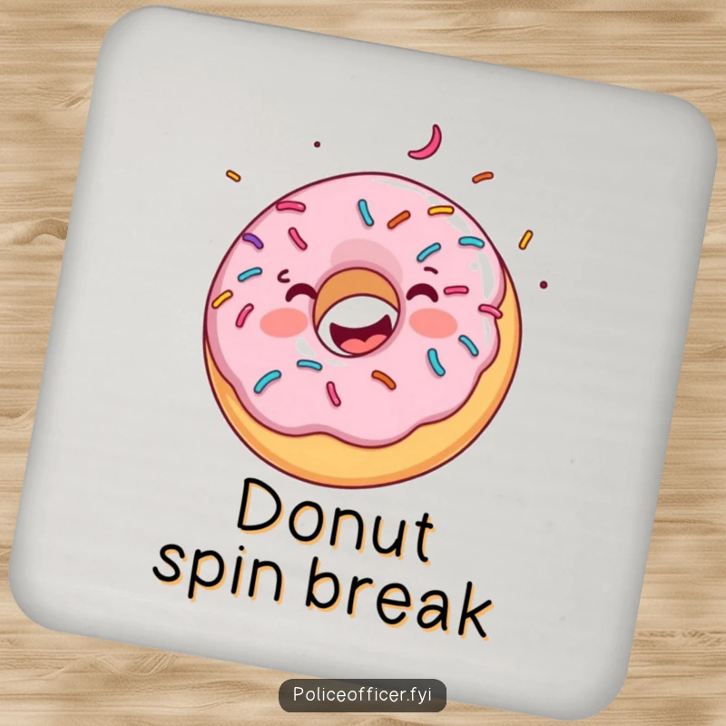 Funny drink coaster illustrated with a happy donut covered in sprinkles spinning with joy, adding a sweet touch to beverage service.