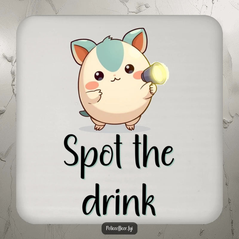 Funny drink coasters featuring a small creature pointing a tiny flashlight, providing humor and surface protection for adventurers.