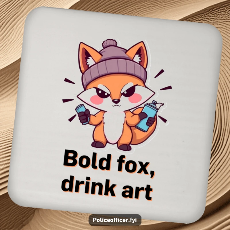 Funny Fox Coasters featuring a bold fox in a beanie with a sneer, holding a spray can, protecting surfaces with a stylish, urban design.