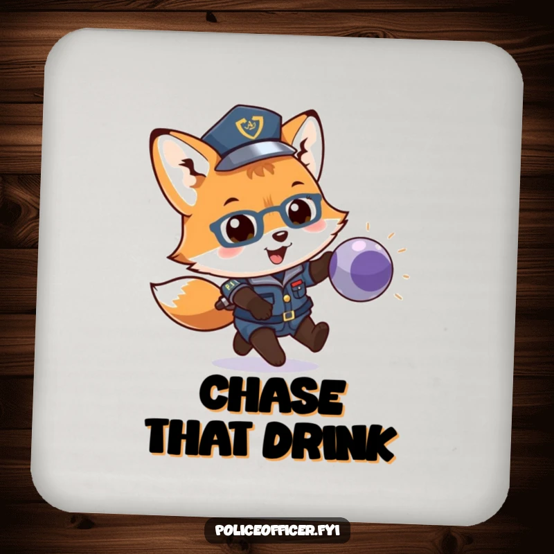 Funny drink coaster featuring a playful fox cub police officer chasing a bouncing ball. Humorous table accessory.