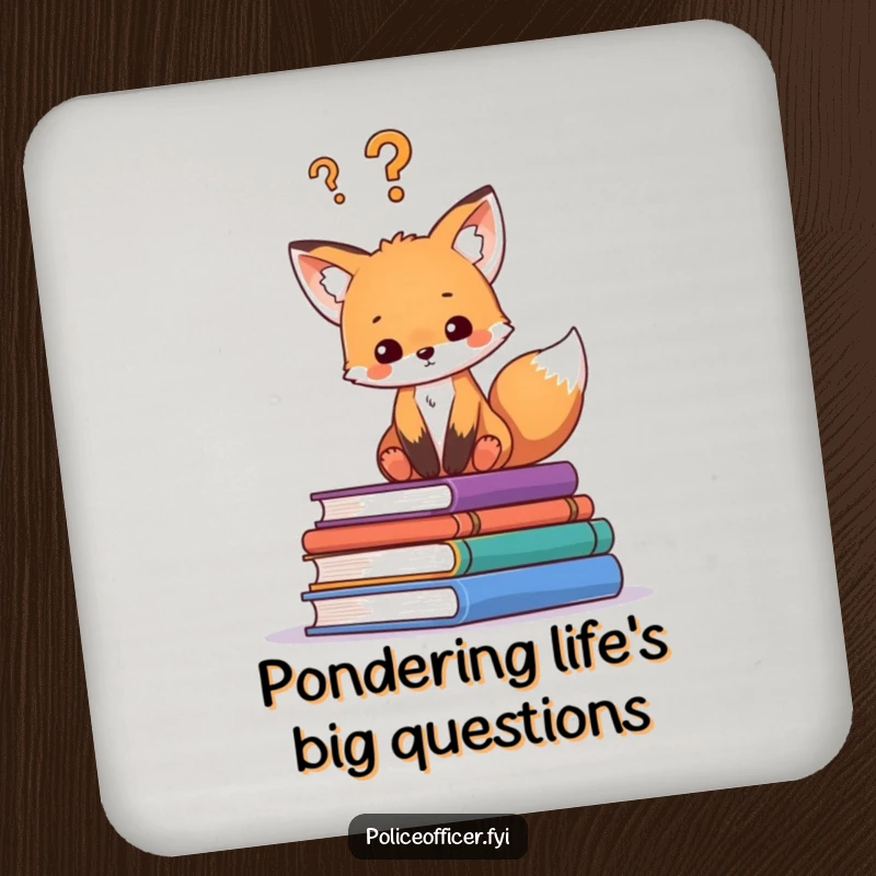 Funny drink coaster with a curious fox cub on books, a question mark above its head, protecting surfaces with humor.