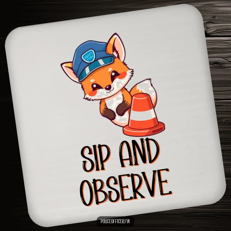 Funny drink coaster featuring a cute fox police officer peeking out from behind a traffic cone, looking observant.