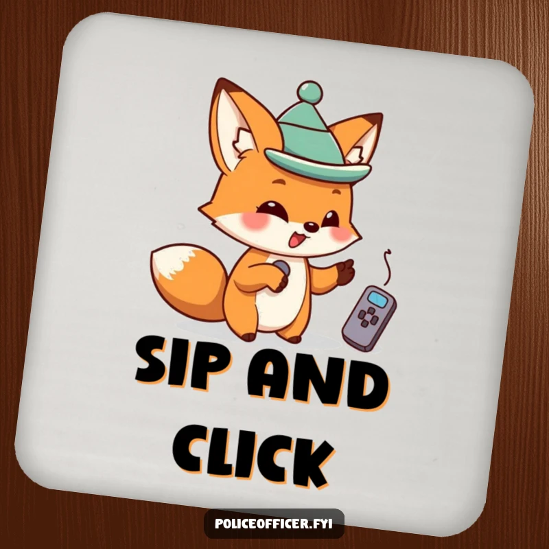 Mischievous fox wearing a small hat, pointing at a remote, on a protective and funny drink coaster.
