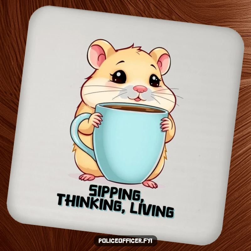 Funny Hamster Coasters featuring a chubby hamster with a giant coffee cup, looking thoughtful, providing humorous surface protection, a perfect funny gift set.